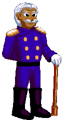 An old man with white hair and using a cane. He's wearing a blue military uniform with golden shoulders and buttons, black boots and white gloves. The arm that isn't holding the can is behind his back.